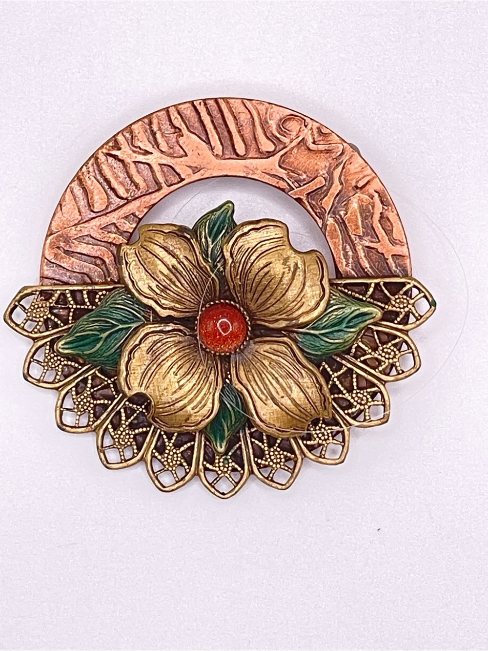 Vintage Unsigned Silver Forest Dogwood Copper Pin Brooch